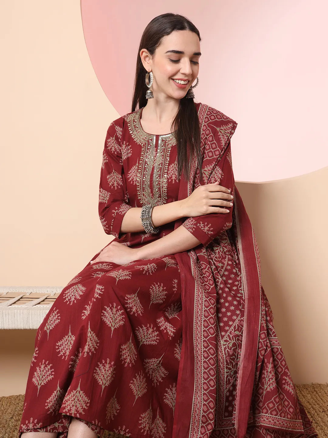 Yufta Maroon Pure Cotton Chikankari Anarkali Kurta Dupatta Pant Set