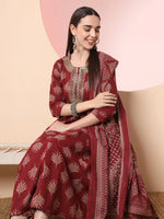 Thumbnail for Yufta Maroon Pure Cotton Chikankari Anarkali Kurta Dupatta Pant Set