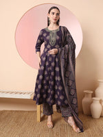 Thumbnail for Yufta Purple Pure Cotton Chikankari Anarkali Kurta Dupatta Pant Set