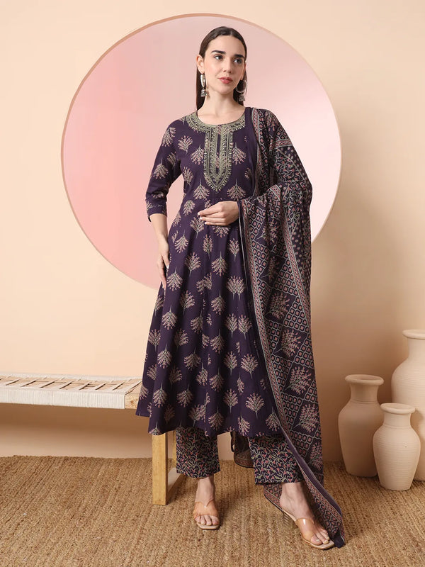 Yufta Purple Pure Cotton Chikankari Anarkali Kurta Dupatta Pant Set