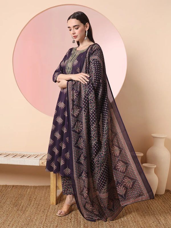 Yufta Purple Pure Cotton Chikankari Anarkali Kurta Dupatta Pant Set