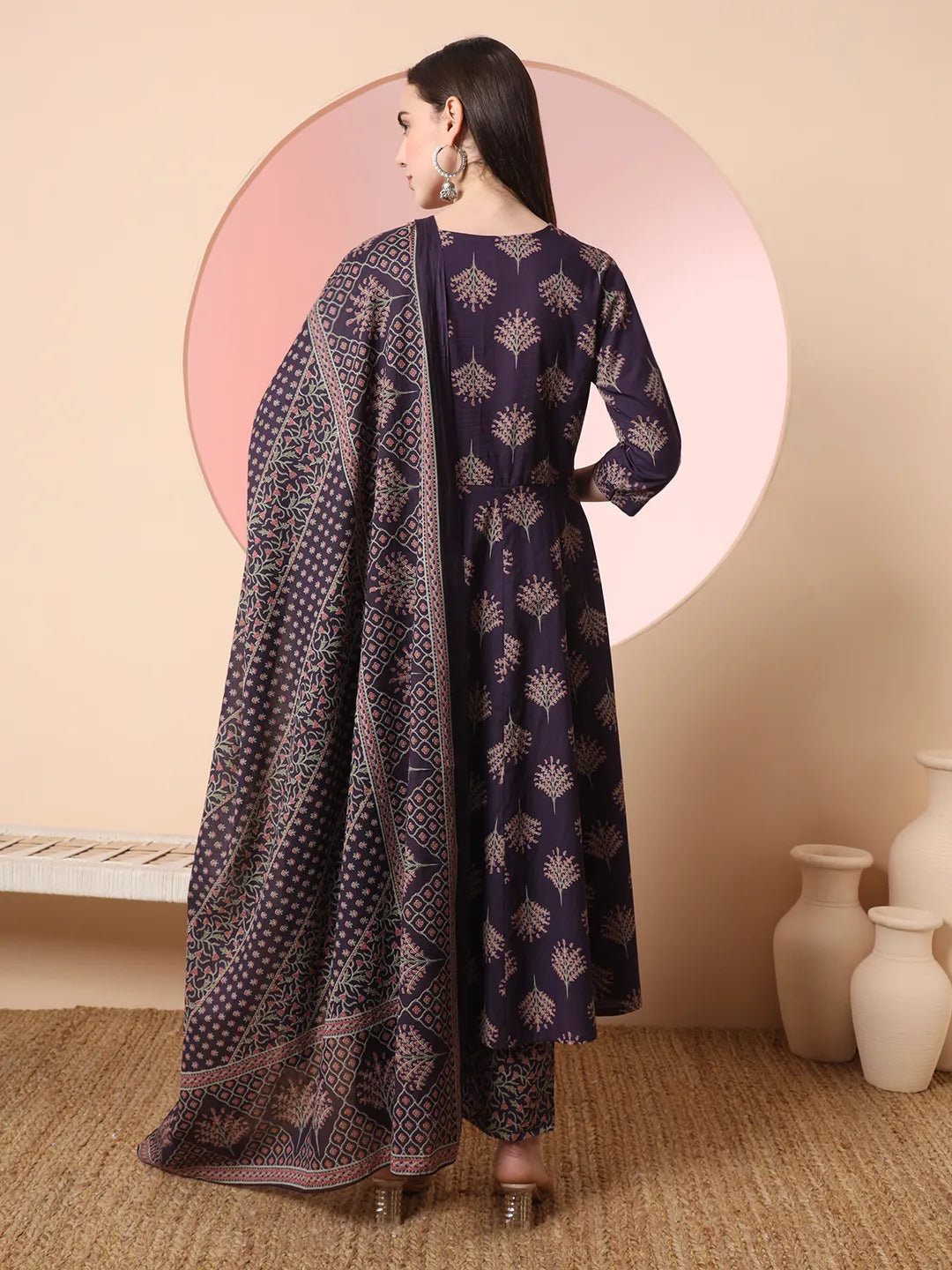 Yufta Purple Pure Cotton Chikankari Anarkali Kurta Dupatta Pant Set