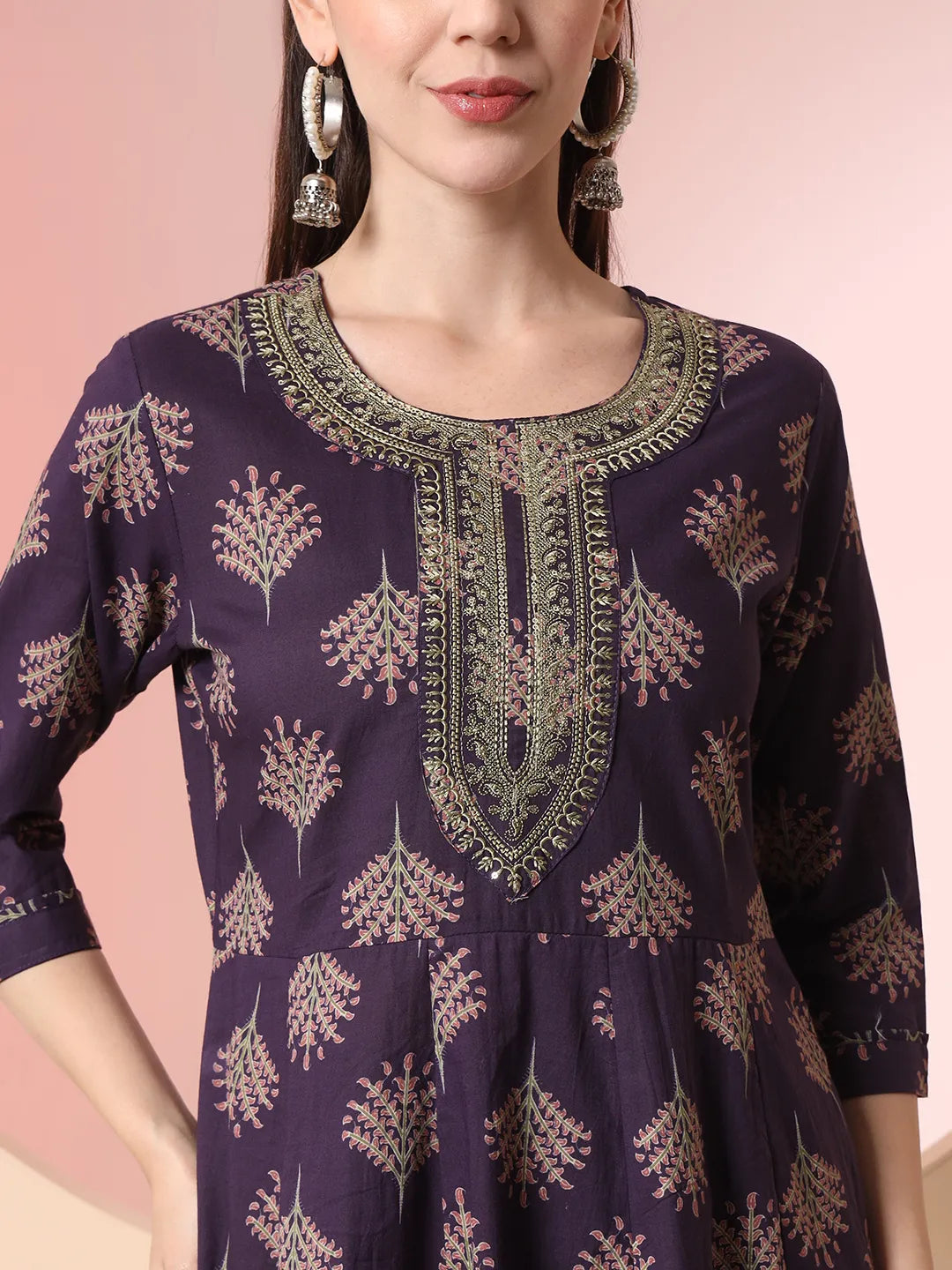 Yufta Purple Pure Cotton Chikankari Anarkali Kurta Dupatta Pant Set