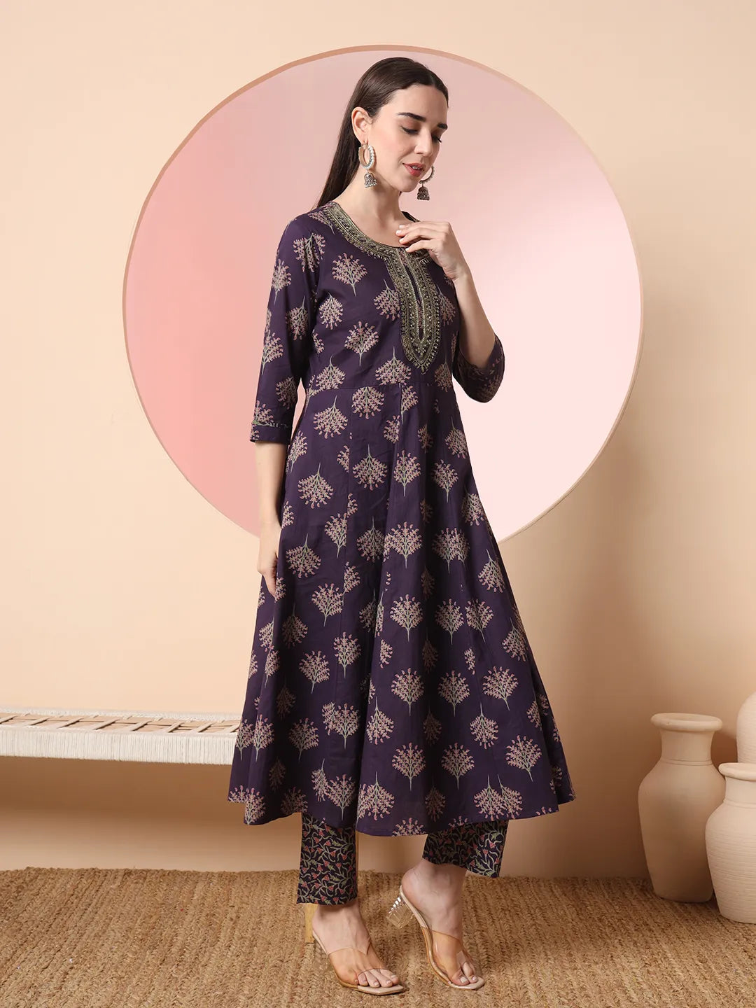 Yufta Purple Pure Cotton Chikankari Anarkali Kurta Dupatta Pant Set
