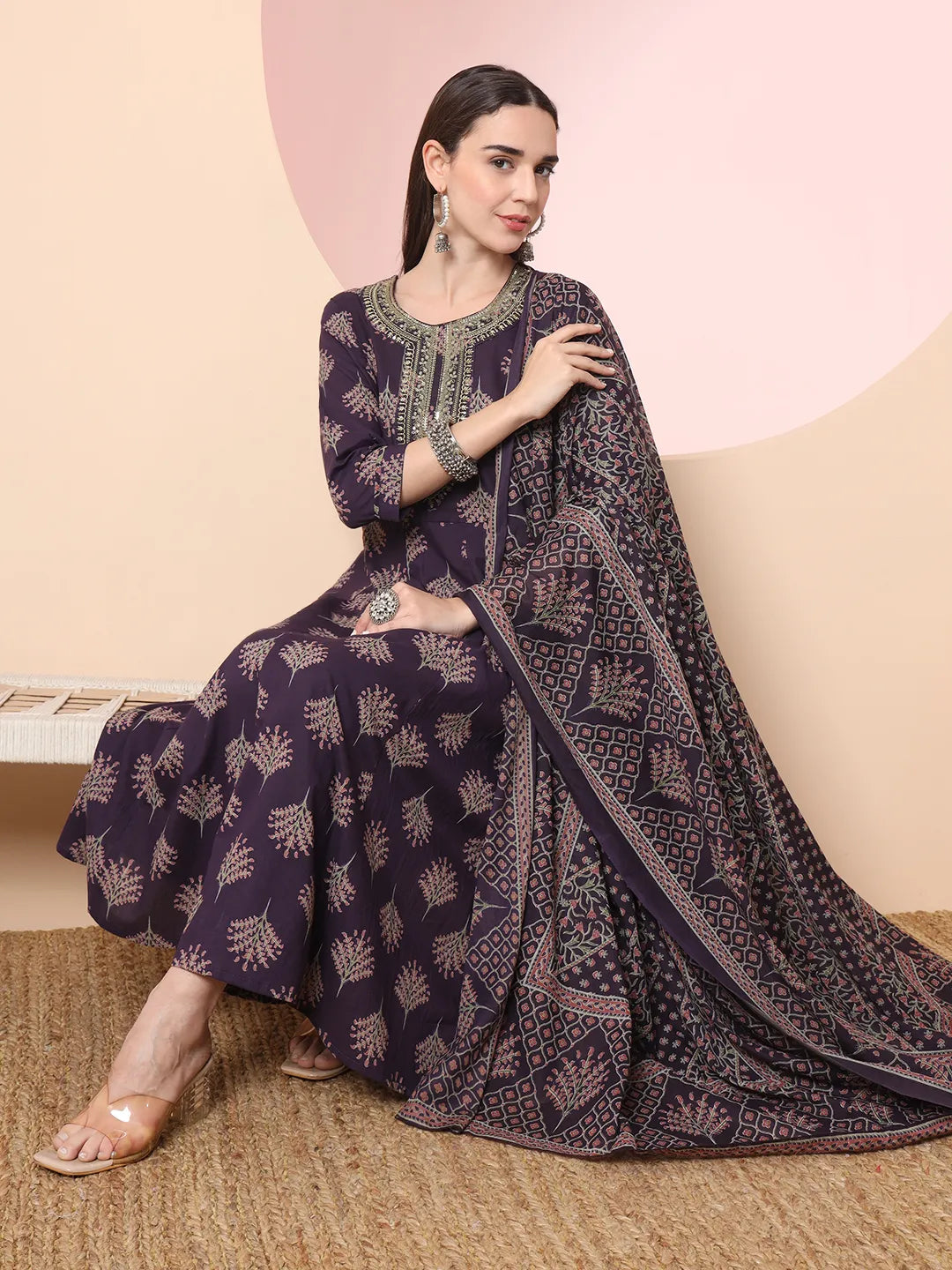 Yufta Purple Pure Cotton Chikankari Anarkali Kurta Dupatta Pant Set