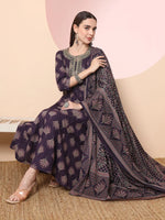 Thumbnail for Yufta Purple Pure Cotton Chikankari Anarkali Kurta Dupatta Pant Set