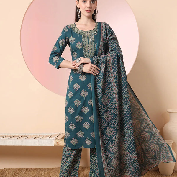 Yufta Green Pure Cotton Chikankari Straight Kurta Dupatta Pant Set - Distacart