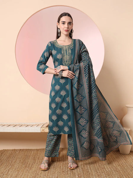 Yufta Green Pure Cotton Chikankari Straight Kurta Dupatta Pant Set