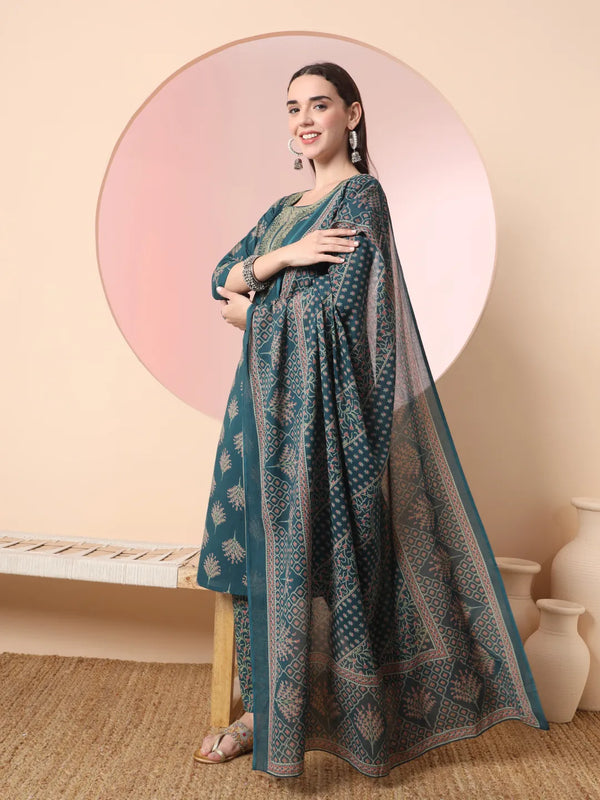 Yufta Green Pure Cotton Chikankari Straight Kurta Dupatta Pant Set