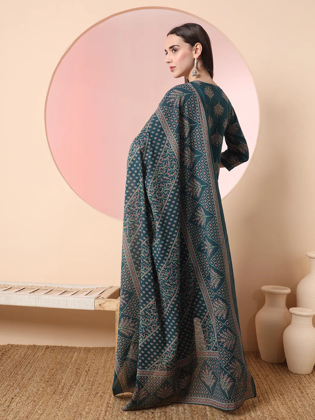 Yufta Green Pure Cotton Chikankari Straight Kurta Dupatta Pant Set