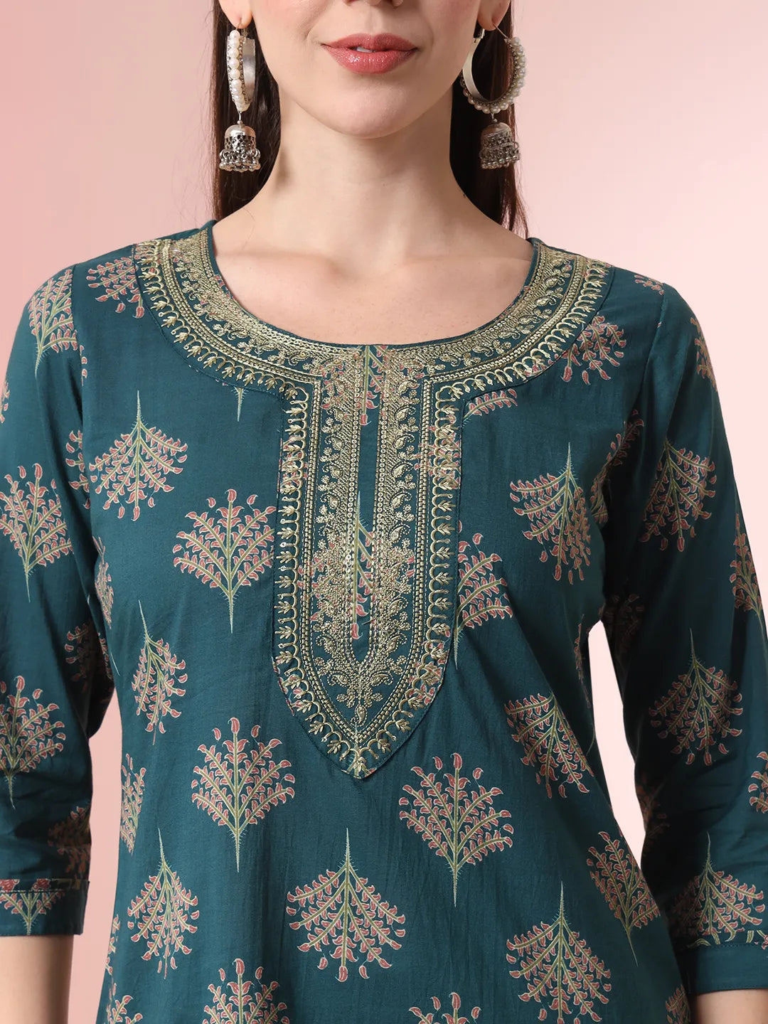 Yufta Green Pure Cotton Chikankari Straight Kurta Dupatta Pant Set