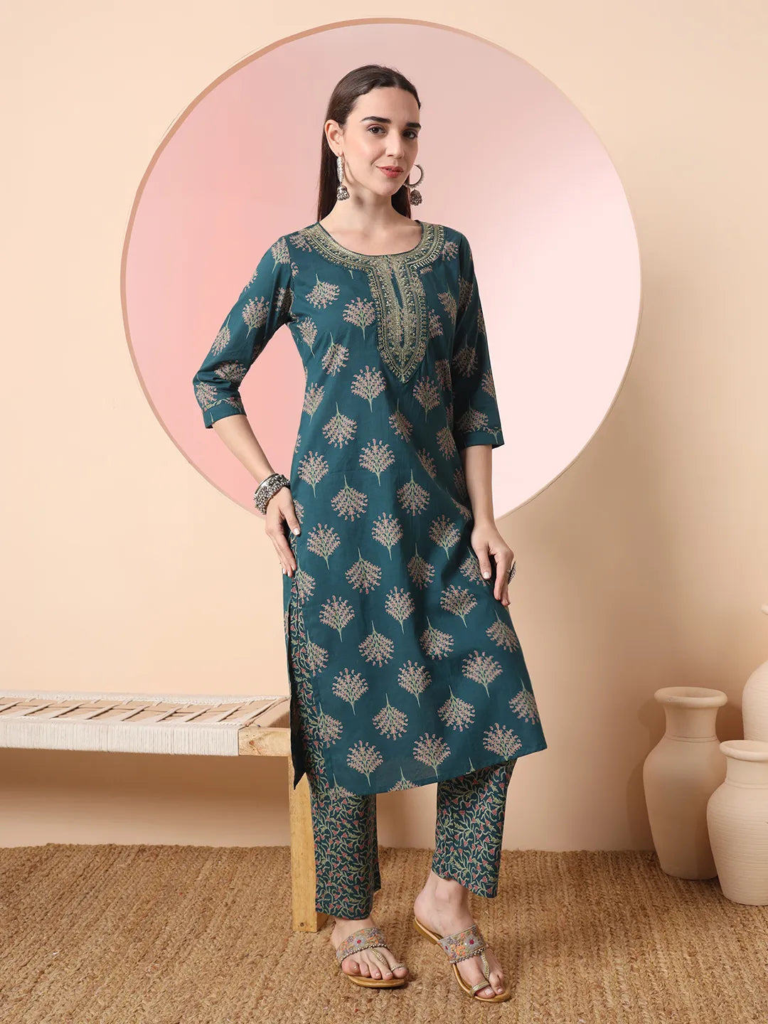 Yufta Green Pure Cotton Chikankari Straight Kurta Dupatta Pant Set