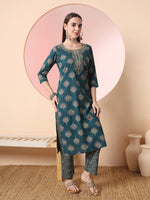 Thumbnail for Yufta Green Pure Cotton Chikankari Straight Kurta Dupatta Pant Set