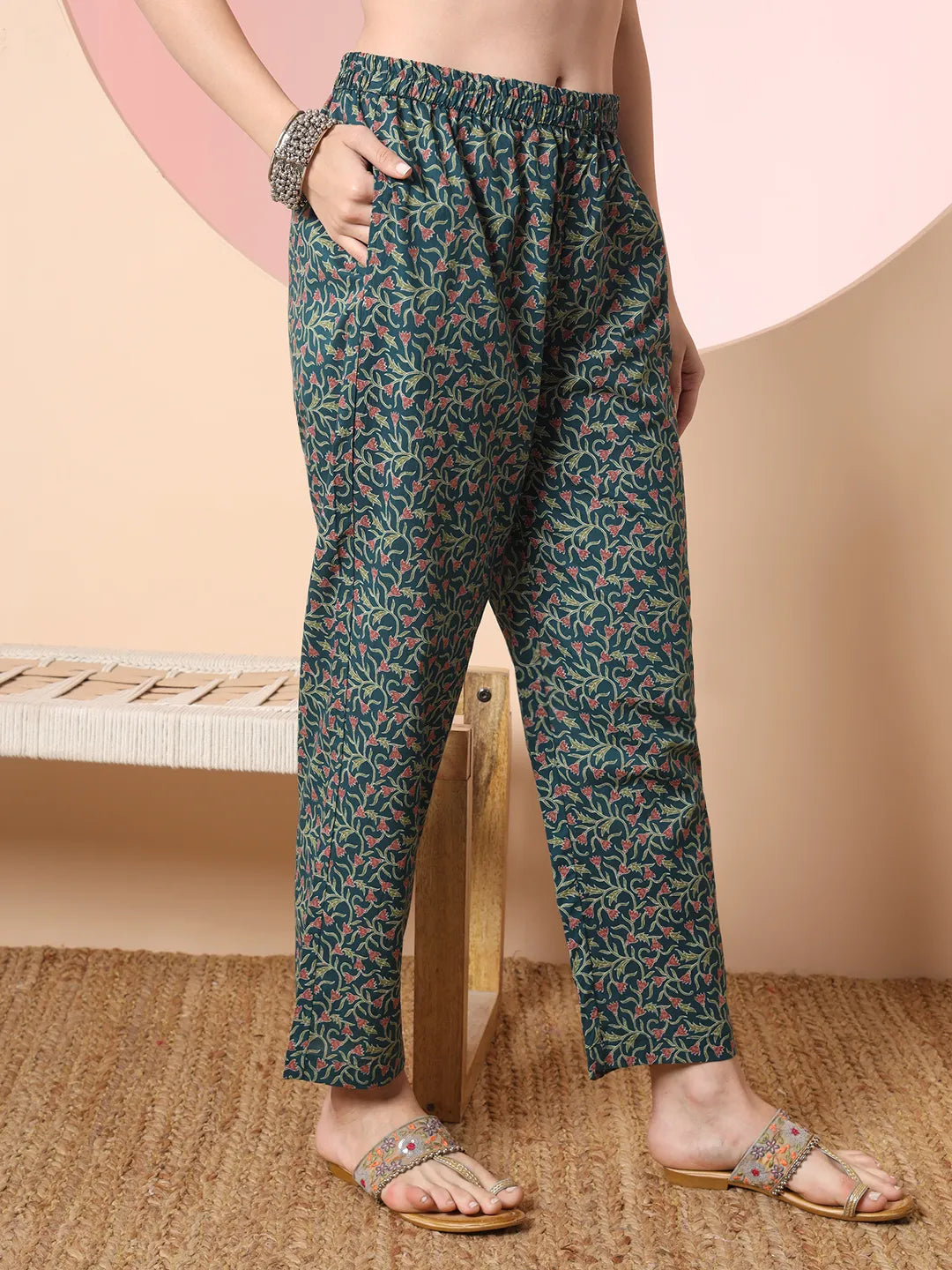 Yufta Green Pure Cotton Chikankari Straight Kurta Dupatta Pant Set