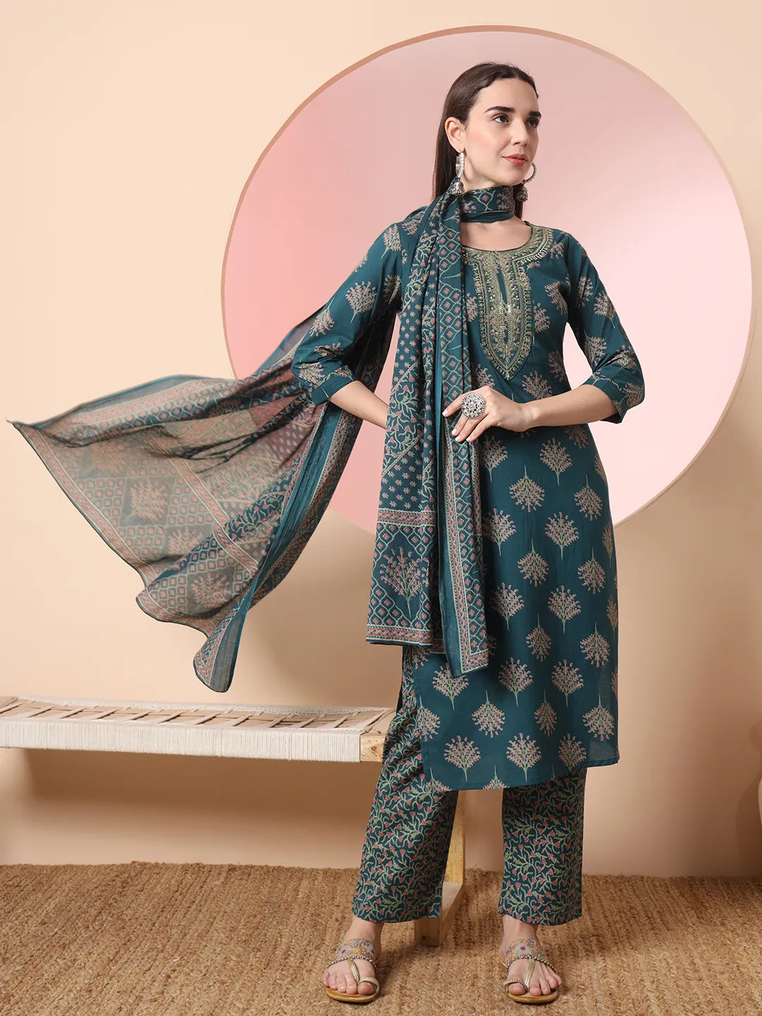 Yufta Green Pure Cotton Chikankari Straight Kurta Dupatta Pant Set