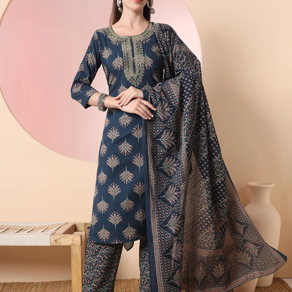Yufta Teal Blue Pure Cotton Chikankari Straight Kurta Dupatta Pant Set - Distacart