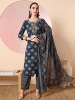 Thumbnail for Yufta Teal Blue Pure Cotton Chikankari Straight Kurta Dupatta Pant Set