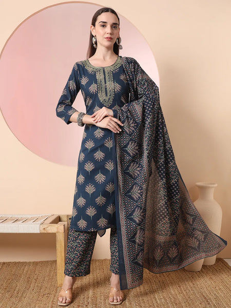 Yufta Teal Blue Pure Cotton Chikankari Straight Kurta Dupatta Pant Set