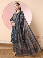 Thumbnail for Yufta Teal Blue Pure Cotton Chikankari Straight Kurta Dupatta Pant Set