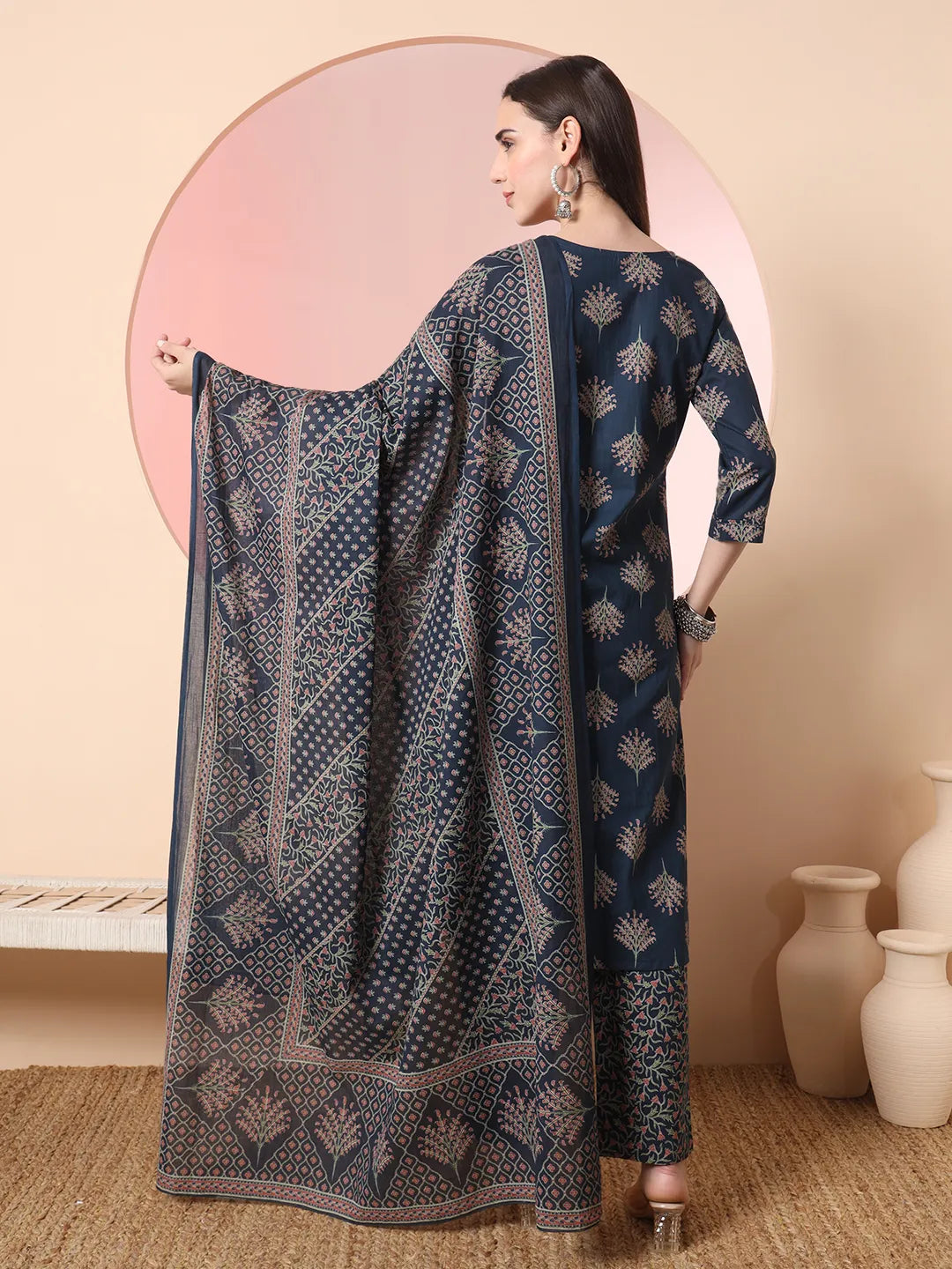 Yufta Teal Blue Pure Cotton Chikankari Straight Kurta Dupatta Pant Set