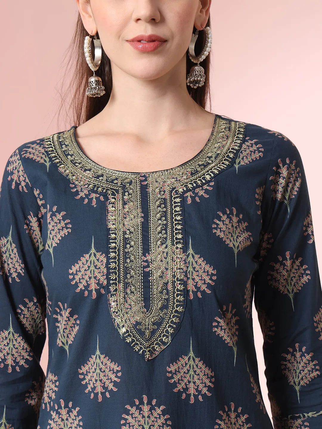 Yufta Teal Blue Pure Cotton Chikankari Straight Kurta Dupatta Pant Set