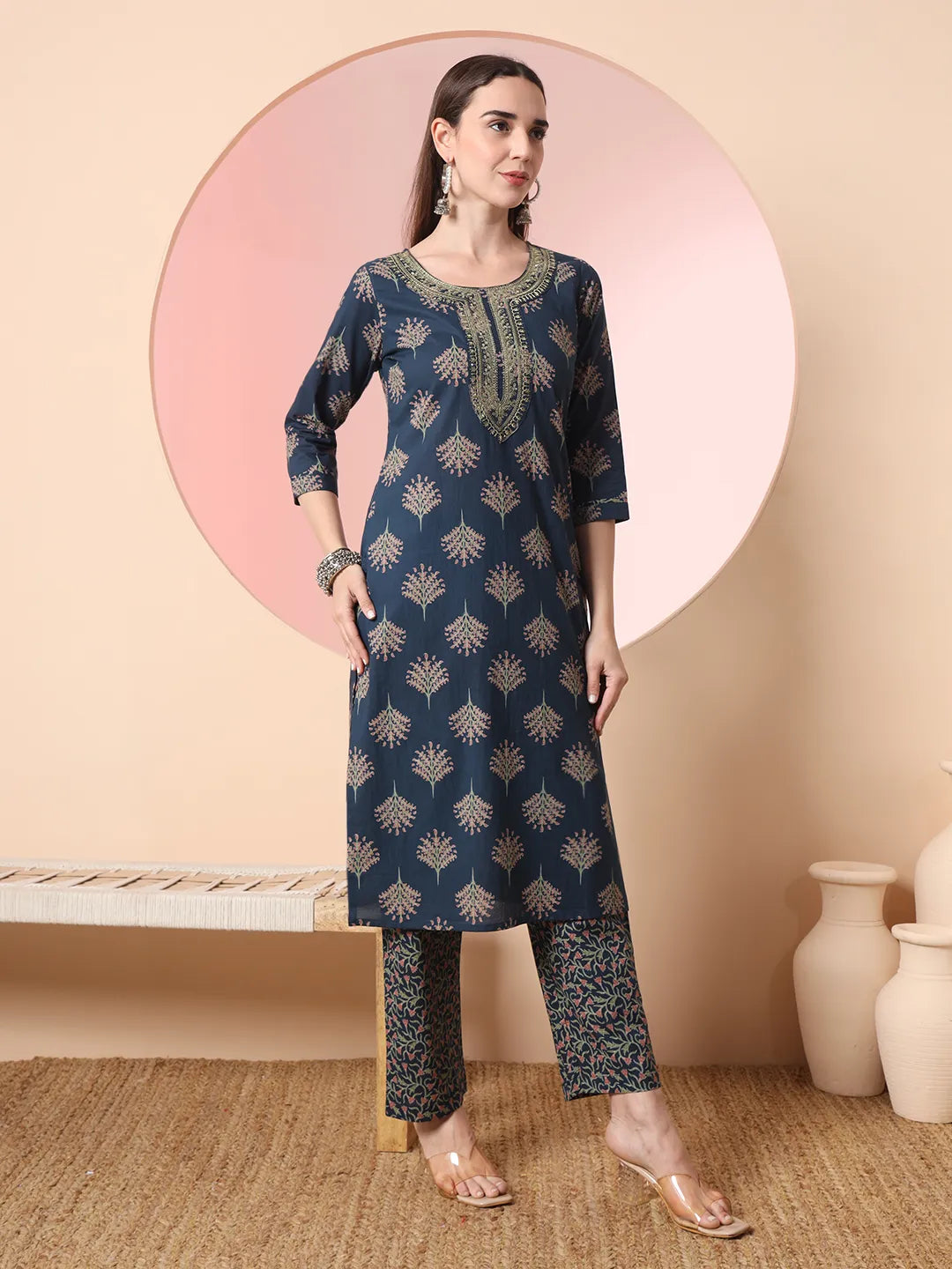 Yufta Teal Blue Pure Cotton Chikankari Straight Kurta Dupatta Pant Set