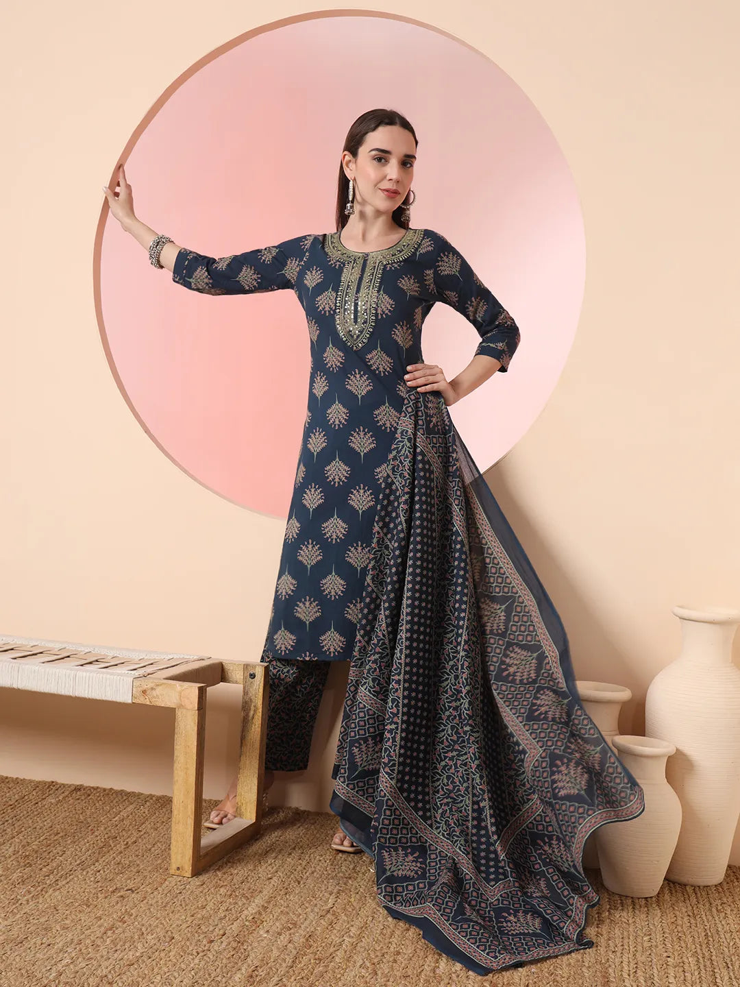 Yufta Teal Blue Pure Cotton Chikankari Straight Kurta Dupatta Pant Set