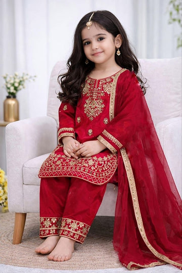 Evanik Red Designer Party Wear Look Kids Top Salwar & Dupata - Dista