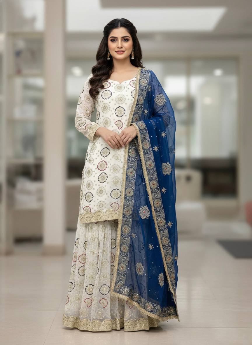 Yash Enterprise Off White Faux Georgette Embroidered Party Wear Suit Set