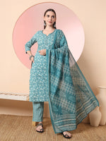 Thumbnail for Yufta Green Pure Cotton Thread_Work Straight Kurta Dupatta Pant Set