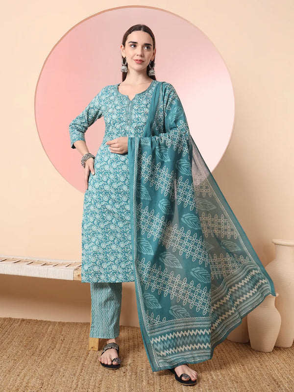Yufta Green Pure Cotton Thread_Work Straight Kurta Dupatta Pant Set