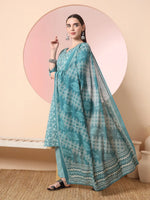 Thumbnail for Yufta Green Pure Cotton Thread_Work Straight Kurta Dupatta Pant Set