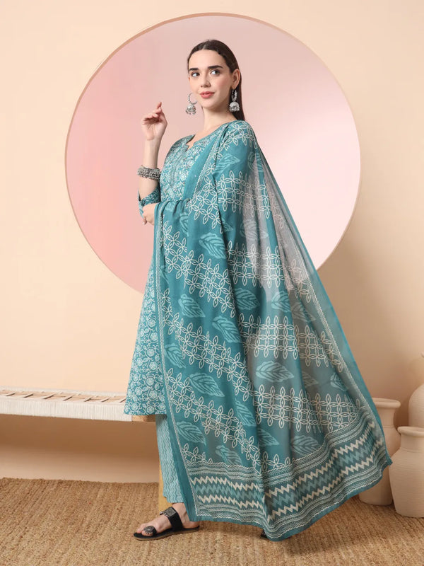 Yufta Green Pure Cotton Thread_Work Straight Kurta Dupatta Pant Set