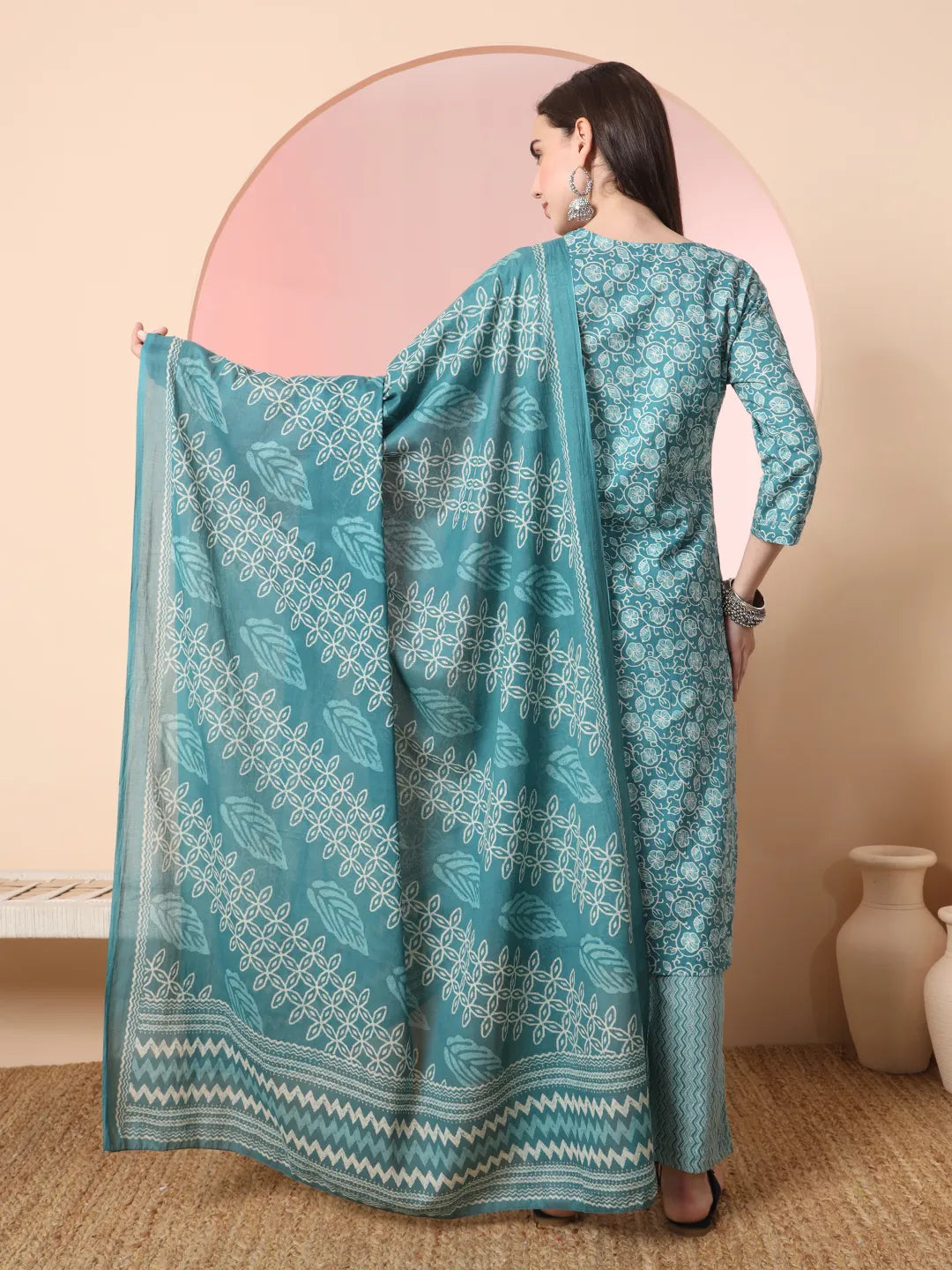Yufta Green Pure Cotton Thread_Work Straight Kurta Dupatta Pant Set