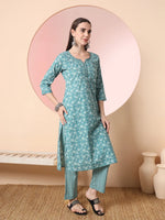 Thumbnail for Yufta Green Pure Cotton Thread_Work Straight Kurta Dupatta Pant Set