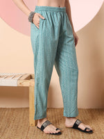 Thumbnail for Yufta Green Pure Cotton Thread_Work Straight Kurta Dupatta Pant Set