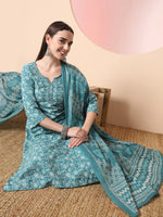 Thumbnail for Yufta Green Pure Cotton Thread_Work Straight Kurta Dupatta Pant Set