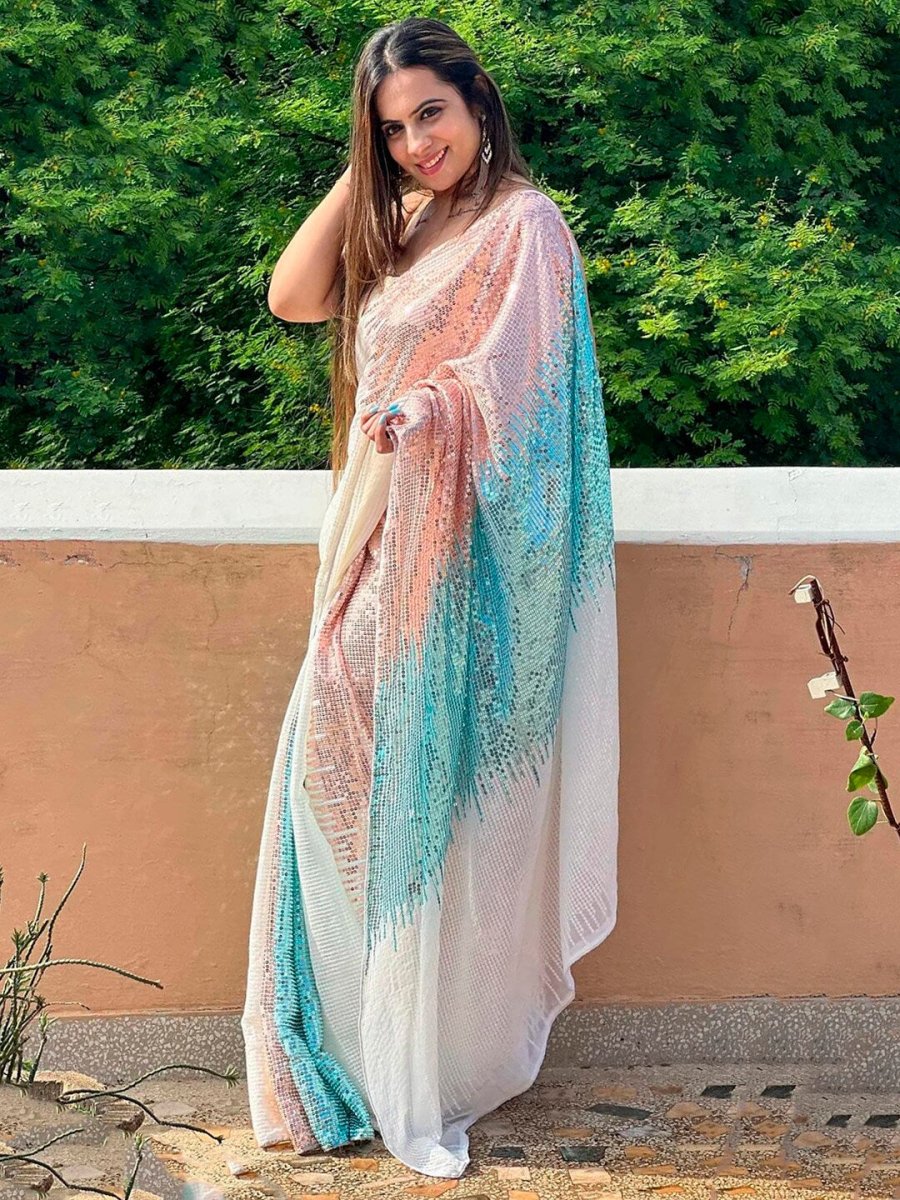 Anouk White & Rose Gold Embellished Sequinned Pure Georgette Saree - Distacart