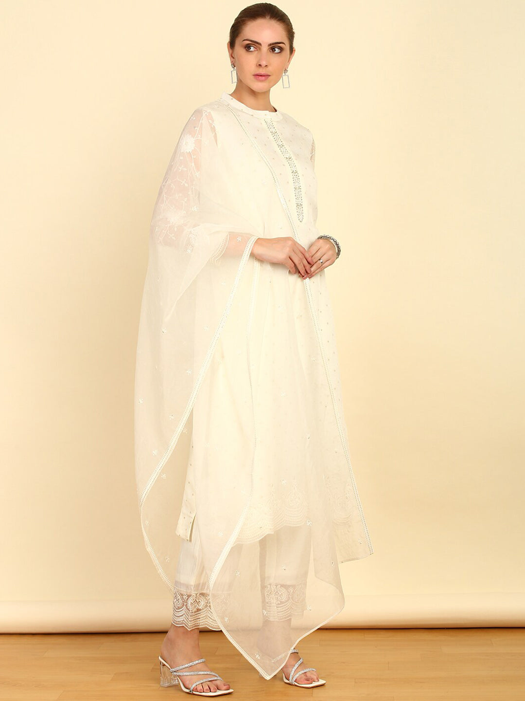 Soch Floral Embroidered Sequinned Mandarin Collar Straight Kurta With Trousers & Dupatta - Distacart