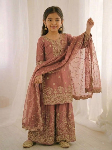 Evanik Orange Designer Wedding Embroidered Work Kids Palazzo Set - Dista