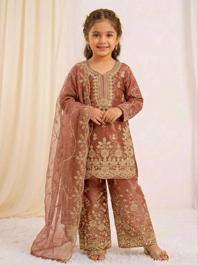 Evanik Orange Designer Wedding Embroidered Work Kids Palazzo Set - Dista