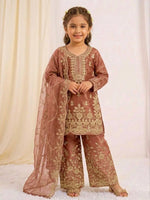 Thumbnail for Evanik Orange Designer Wedding Embroidered Work Kids Palazzo Set - Dista