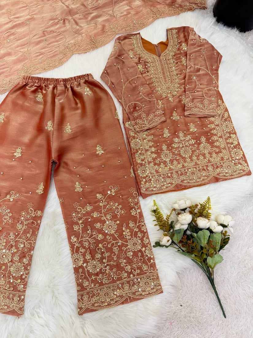 Evanik Orange Designer Wedding Embroidered Work Kids Palazzo Set - Dista