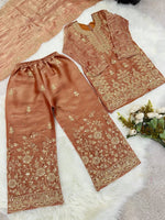 Thumbnail for Evanik Orange Designer Wedding Embroidered Work Kids Palazzo Set - Dista