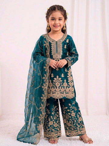 Evanik Blue Designer Wedding Embroidered Work Kids Palazzo Set - Dista