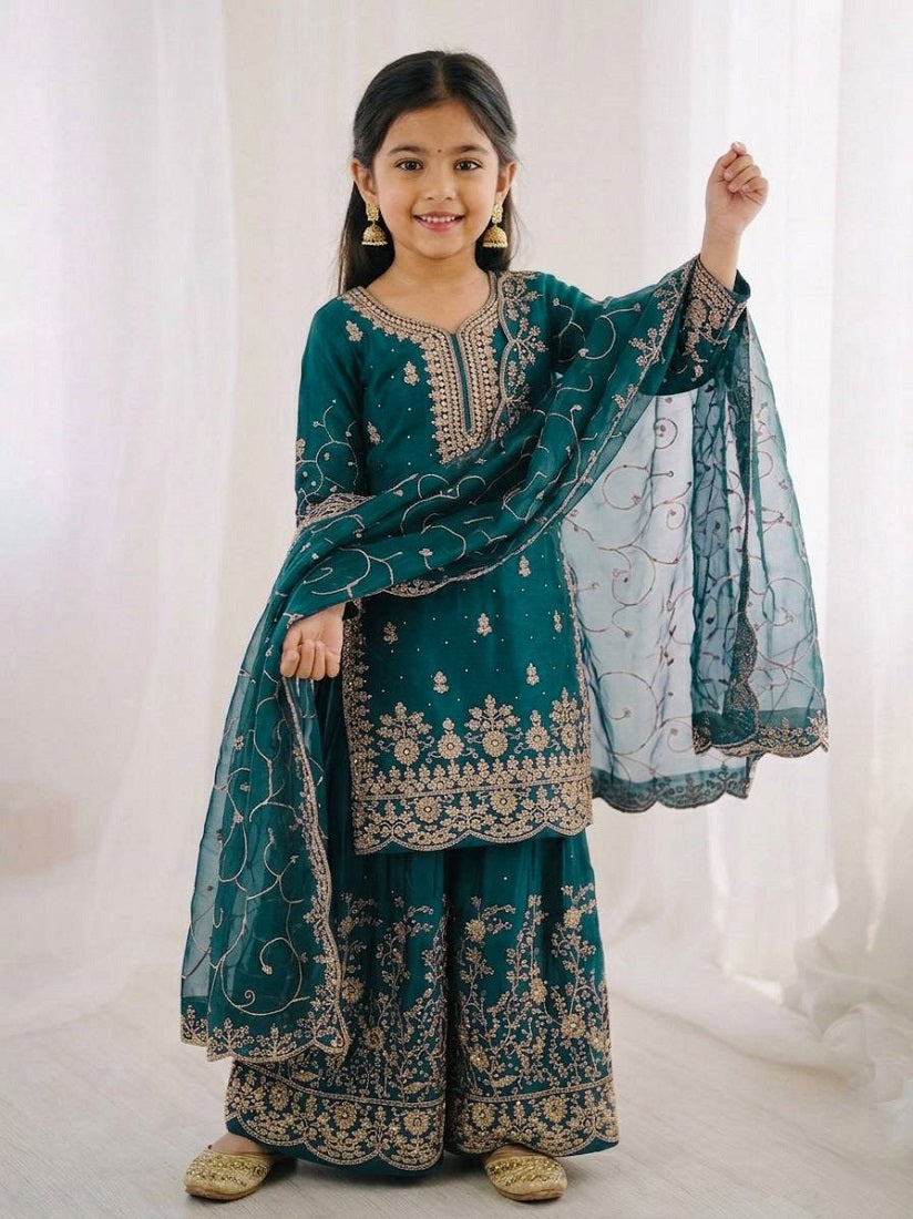 Evanik Blue Designer Wedding Embroidered Work Kids Palazzo Set - Dista