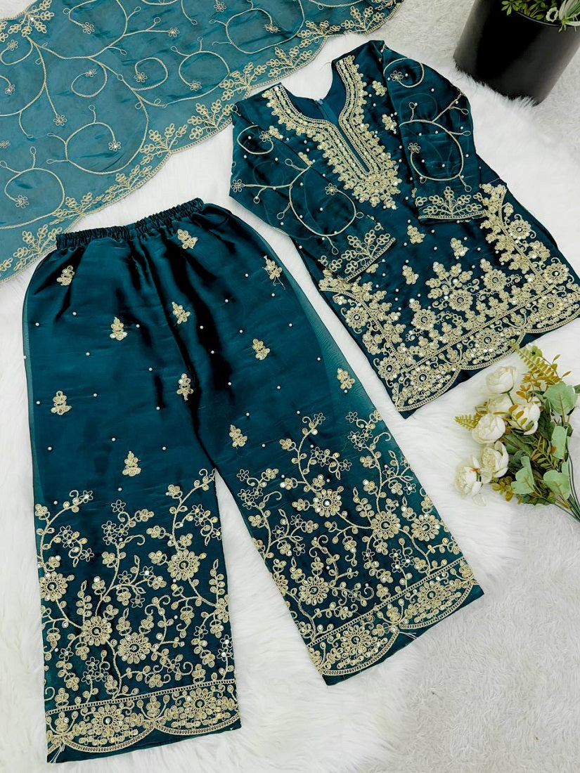 Evanik Blue Designer Wedding Embroidered Work Kids Palazzo Set - Dista