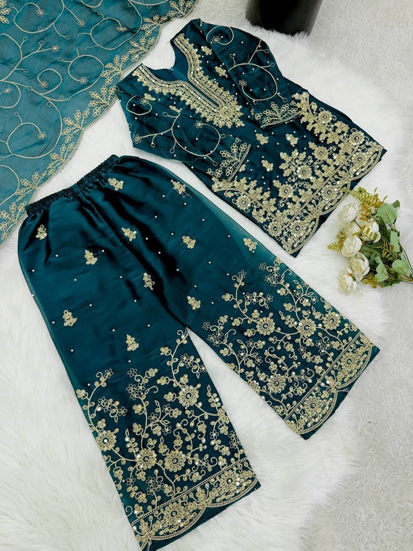 Evanik Blue Designer Wedding Embroidered Work Kids Palazzo Set - Dista