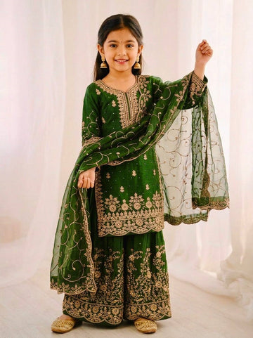 Evanik Green Designer Wedding Embroidered Work Kids Palazzo Set - Dista