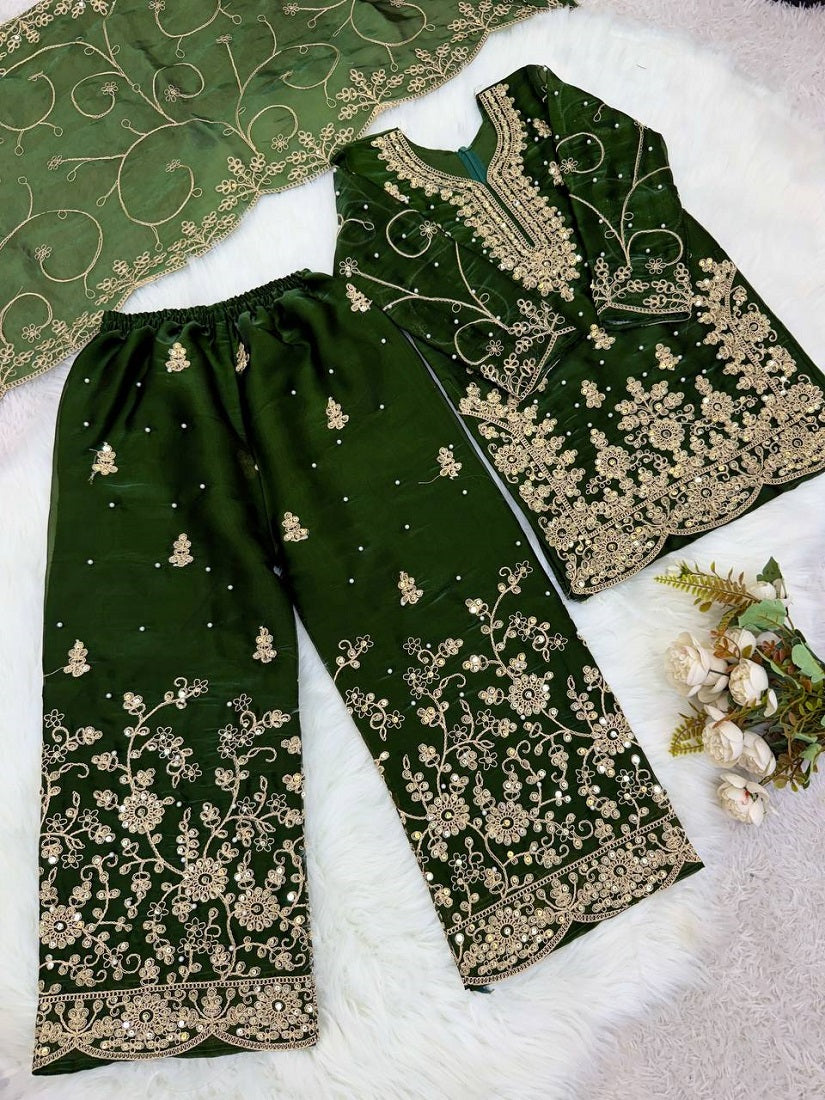 Evanik Green Designer Wedding Embroidered Work Kids Palazzo Set - Dista
